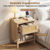 Rattan nightstand with spacious tabletop, roomy drawer, and charging station for organized bedroom essentials.