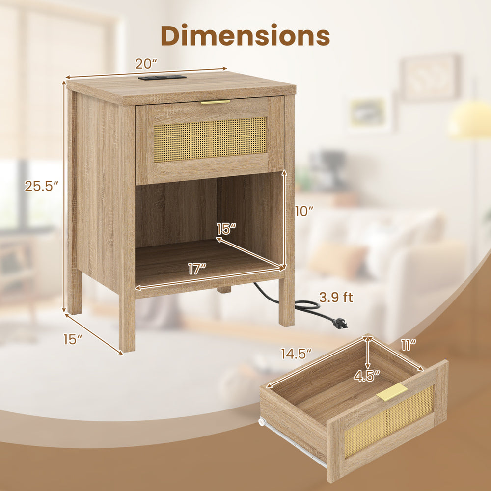 Rattan nightstand with charging station, oak finish, featuring a spacious drawer and open shelf for bedroom.