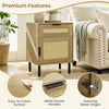 Rattan nightstand with drawer and storage cabinet features a natural finish, metal handles, and an easy-to-clean surface.