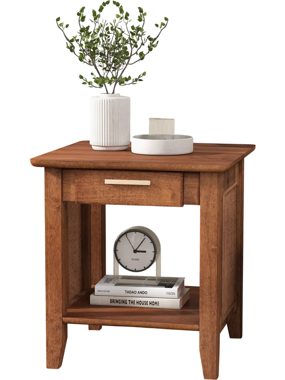 Walnut rattan nightstand with drawer and storage shelf, ideal for lamps and personal items in any home setting.