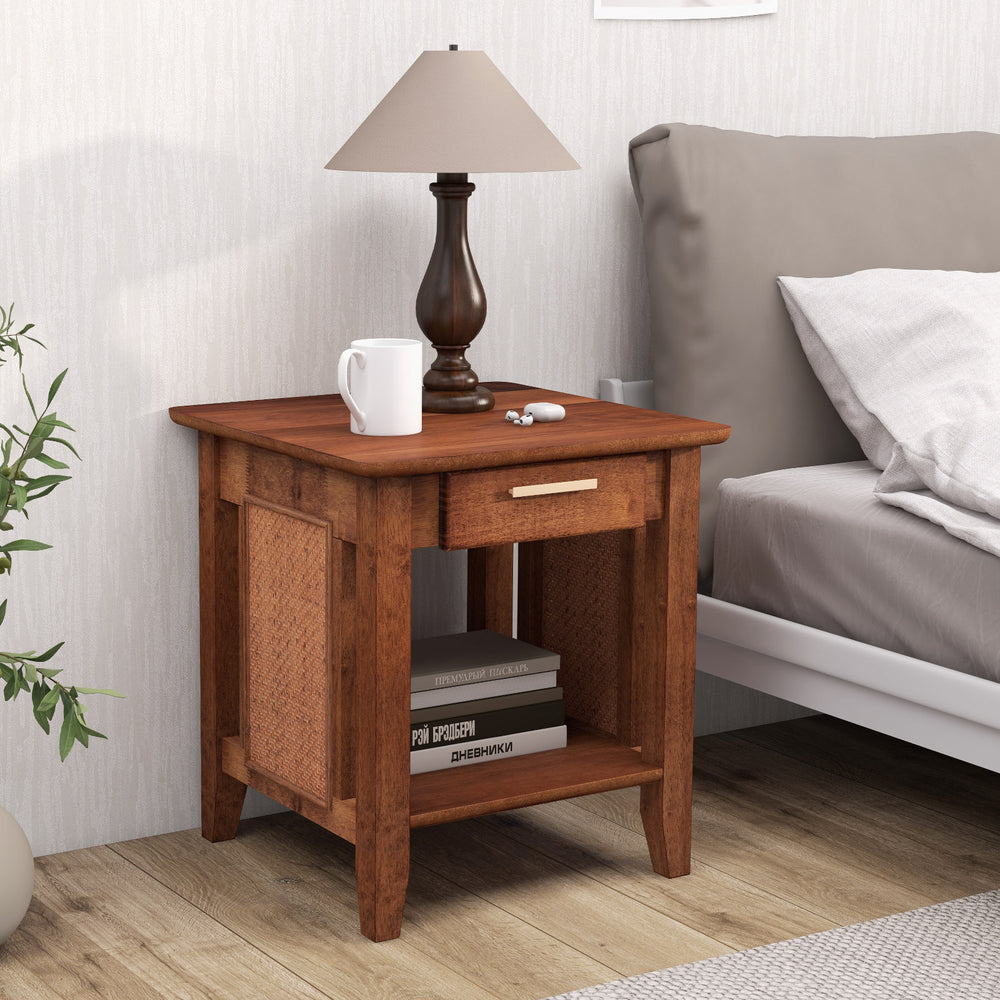 Rattan nightstand in walnut with drawer and storage shelf, perfect for bedside essentials and lamp placement.