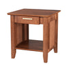 Rattan nightstand in walnut with drawer and storage shelf, ideal for lamps and personal items in any home setting.