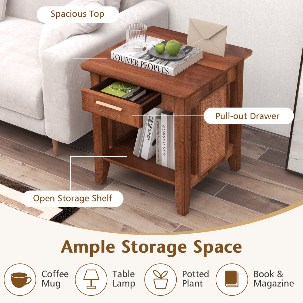 Rattan nightstand end table in walnut with pull-out drawer and open storage shelf for versatile home organization.