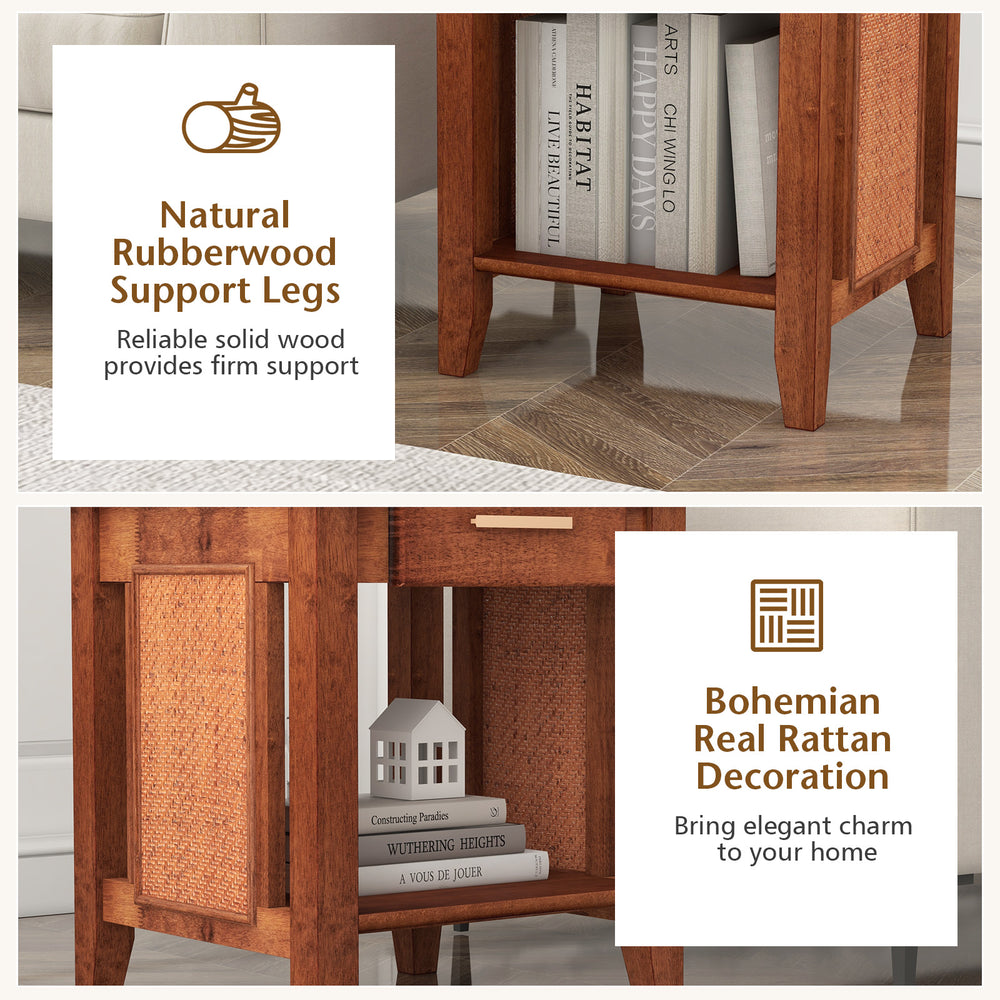 Rattan nightstand with walnut finish, featuring a drawer and bottom shelf for stylish storage in any home decor.