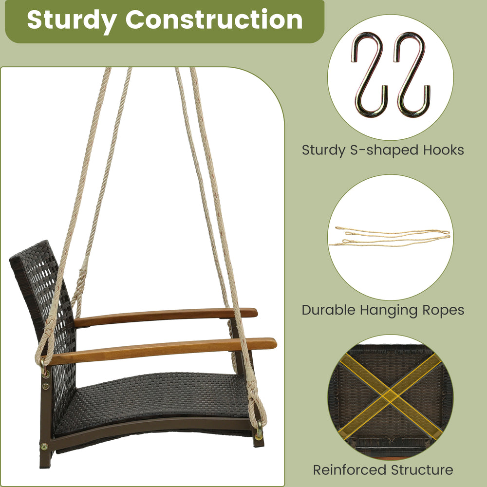 Single rattan porch swing with acacia wood armrests, soft cushion, and sturdy hooks for outdoor relaxation.