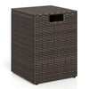 Rattan propane tank cover in brown, featuring a flip-top lid and cut-out handle, ideal for outdoor patios and gardens.