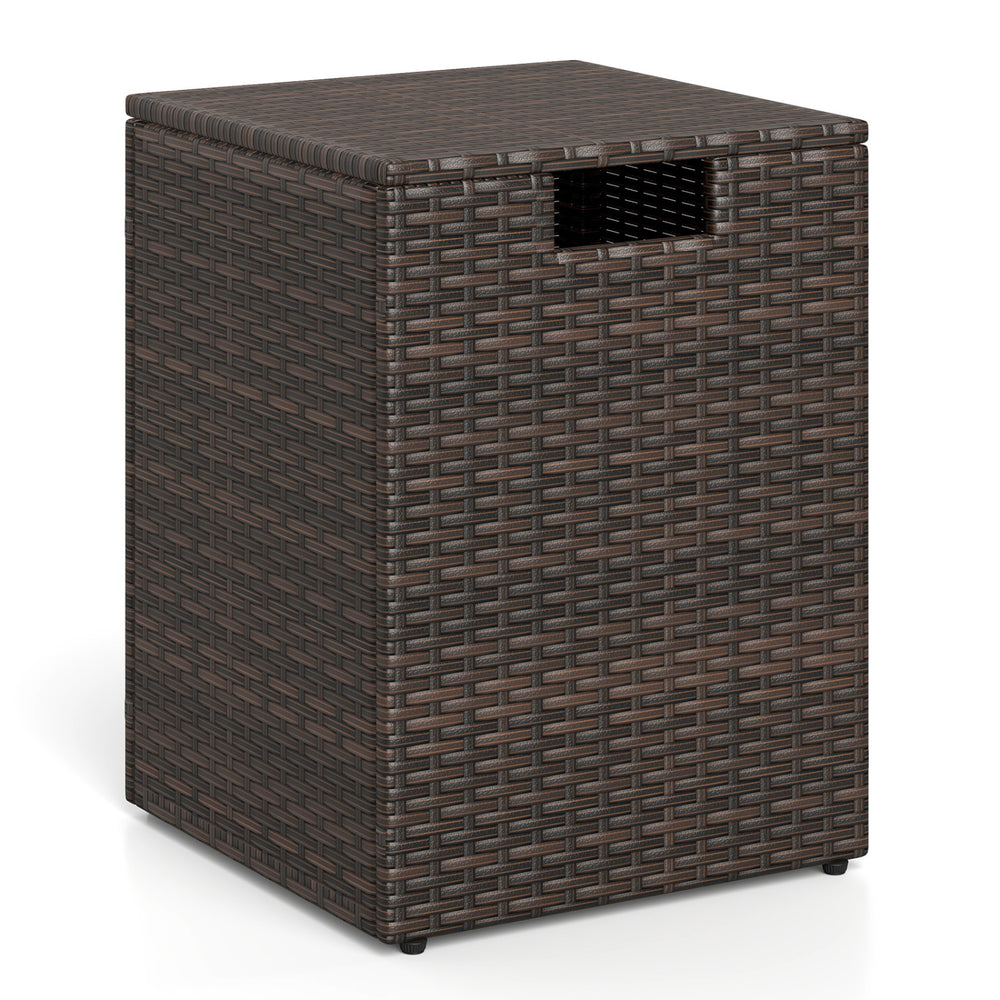 Rattan propane tank cover in brown, featuring a flip-top lid and cut-out handle, ideal for outdoor patios and gardens.