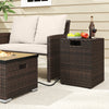 Rattan propane tank cover side table in brown with flip-top lid for gas tank storage, ideal for patios and gardens.