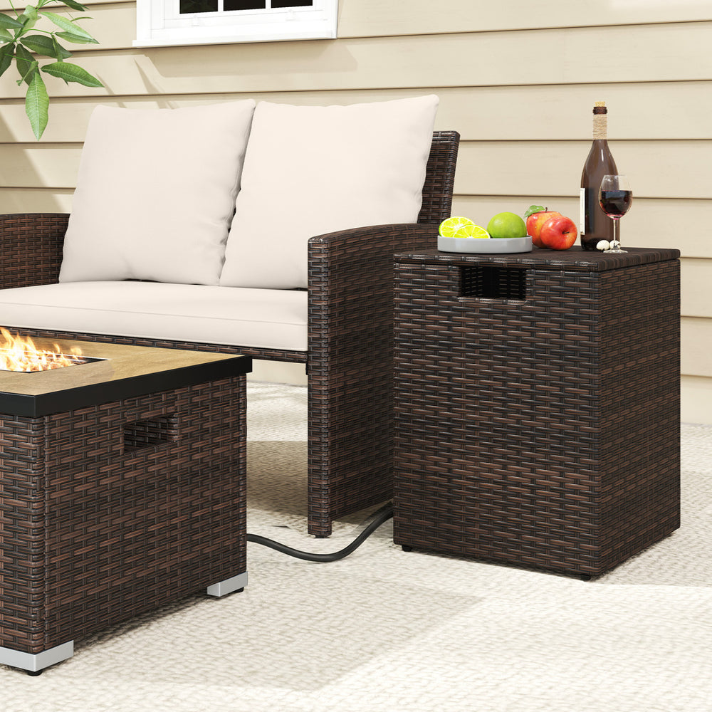 Rattan propane tank cover side table in brown with flip-top lid for gas tank storage, ideal for patios and gardens.