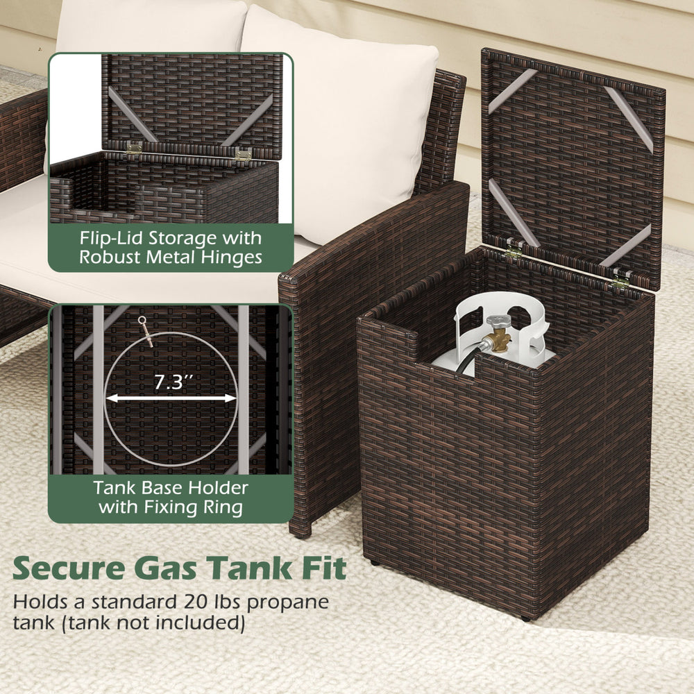 Rattan propane tank cover with flip-top lid, brown PE rattan, securely holds a 20 lbs tank for patio use.