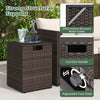 Rattan propane tank cover and side table in brown with flip-top lid, cut-out handle, and adjustable foot pads for.