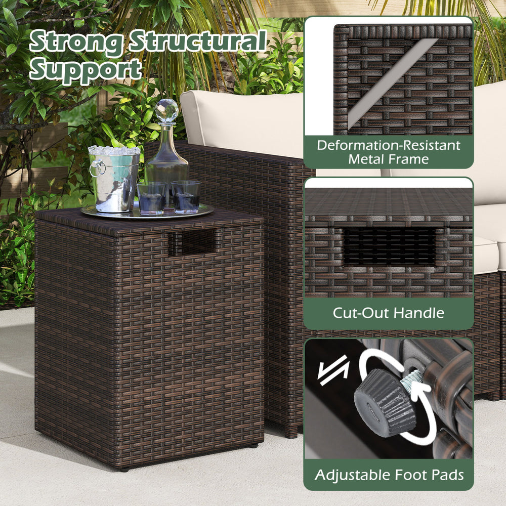 Rattan propane tank cover and side table in brown with flip-top lid, cut-out handle, and adjustable foot pads for.