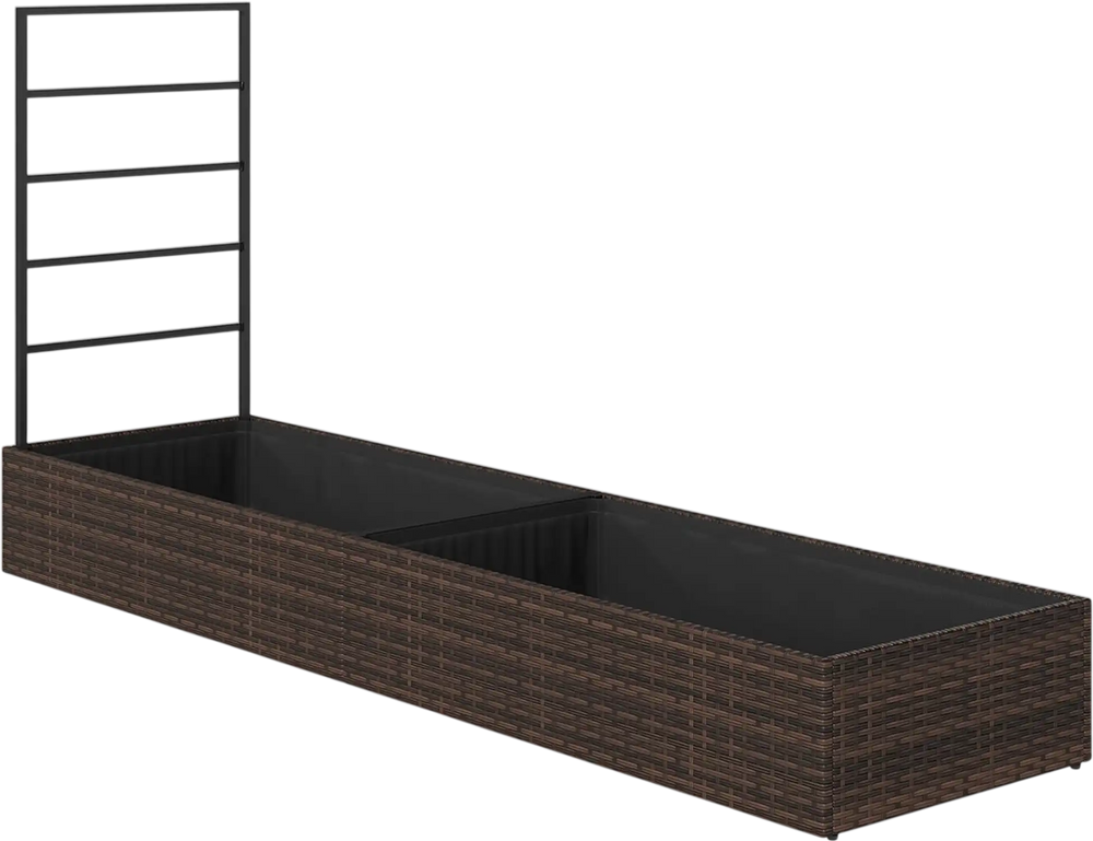 Side view of the rattan raised garden bed featuring a climbing trellis and dual planter boxes for versatile gardening.