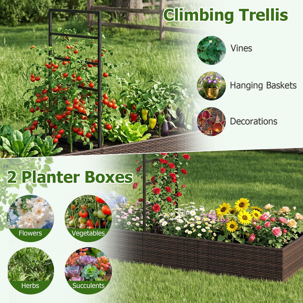 Rattan raised garden bed with climbing trellis and two planter boxes for flowers, vegetables, and herbs in outdoor settings.