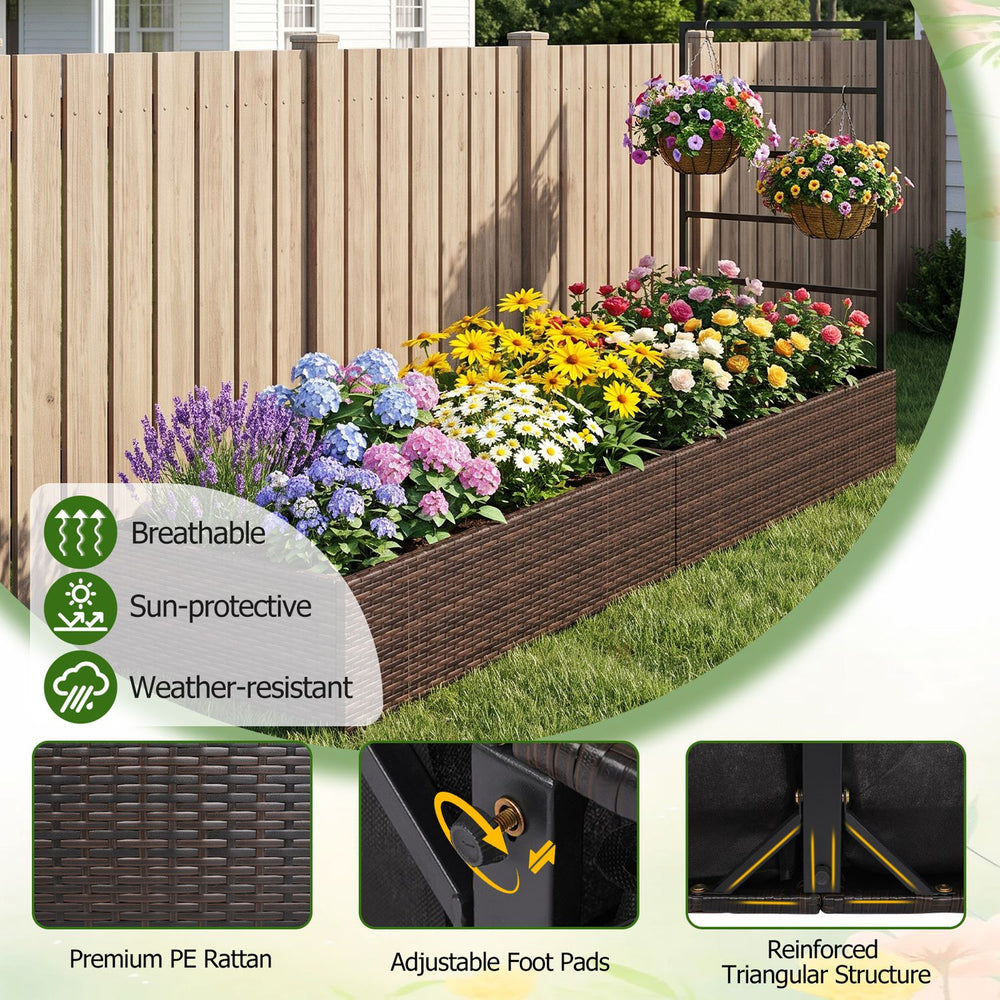 Rattan raised garden bed with trellis and two planter boxes, made of premium PE rattan for outdoor gardening use.