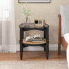 Rattan round side end table with tempered glass top and acacia wood legs, perfect for living room or bedroom use.