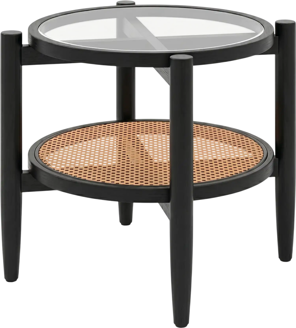 Rattan round side end table with tempered glass top, featuring acacia wood legs and 2-tier storage for versatile use.