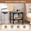 Rattan round side end table with tempered glass top, featuring acacia wood legs and 2-tier storage for magazines and.