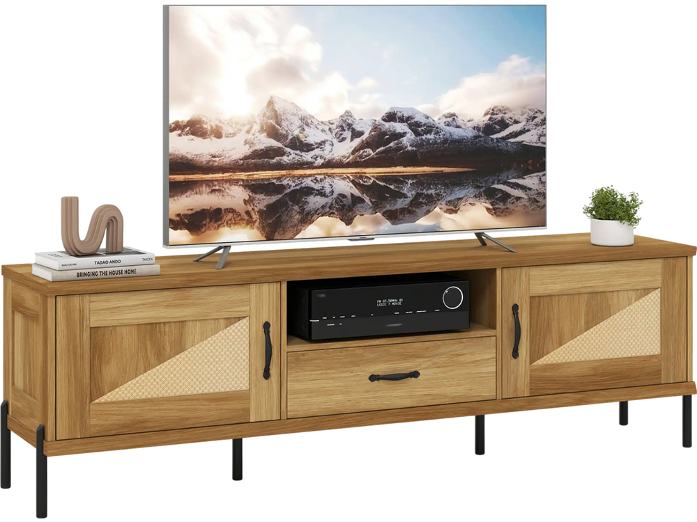 Rattan TV stand with natural finish, featuring two storage cabinets and open shelf for TVs up to 80", ideal for modern.