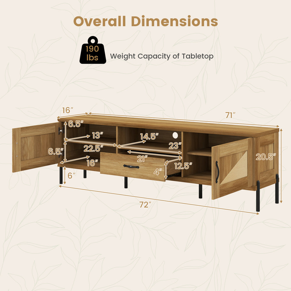 Rattan TV stand with dimensions, featuring 2 storage cabinets, open shelf, and large drawer for versatile organization.