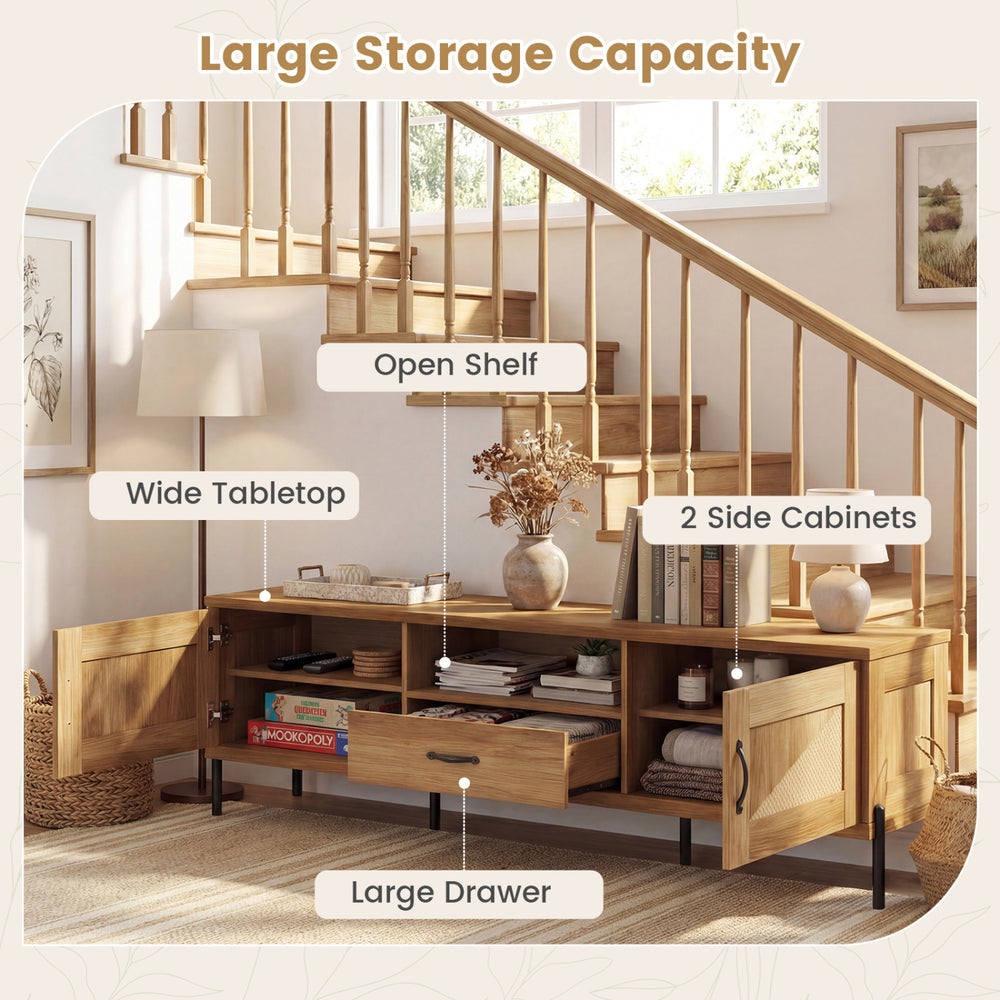 Rattan TV stand with wide tabletop, 2 side cabinets, and large drawer for stylish storage and organization.