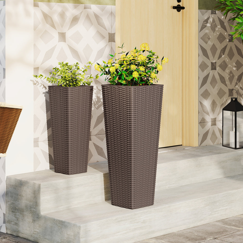 Rattan Tall Planter Set of 2 Outdoor Large Tapered Planters with Removable Inner Trays-Brown - Gallery View 1 of 11