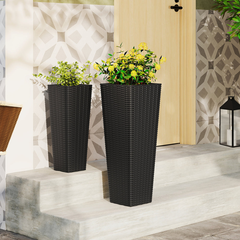 Tall black rattan planter set of 2 with removable trays, perfect for outdoor patios and gardens.