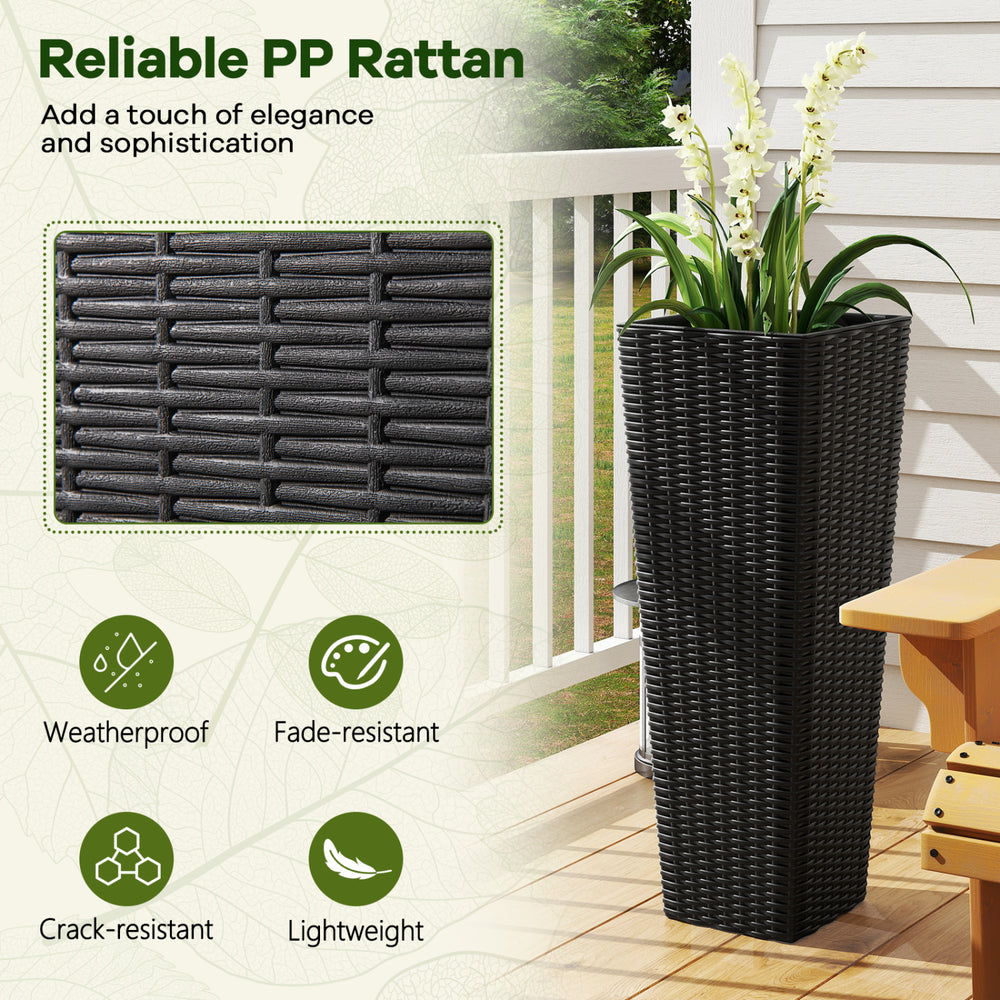 Tall black rattan planter with textured surface, crafted from durable PP rattan, ideal for outdoor patios and gardens.