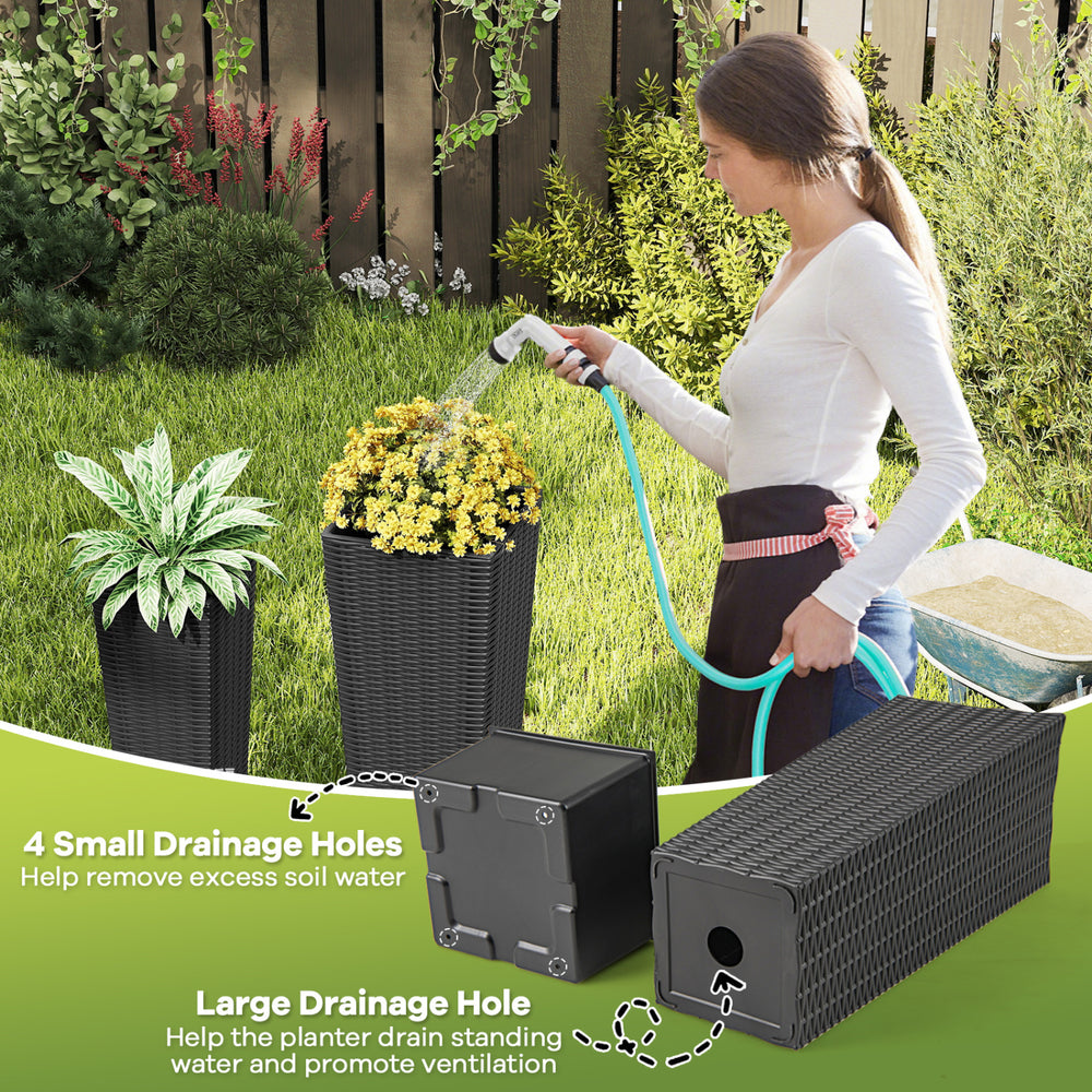 Rattan tall planter set of 2 in black with drainage holes, ideal for outdoor patios and gardens, showcasing a textured.