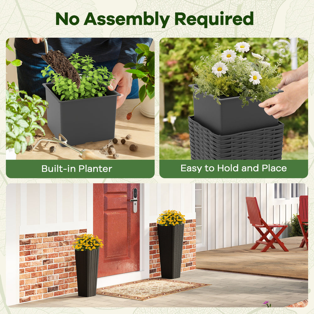 Tall black rattan planter set of 2 with removable trays, ideal for outdoor patios and gardens, no assembly required.