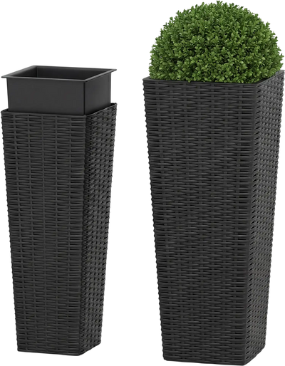 Costway Set of 2 Outdoor Rattan Tall Tapered Planters w/ Removable Inner Trays 71241026 New