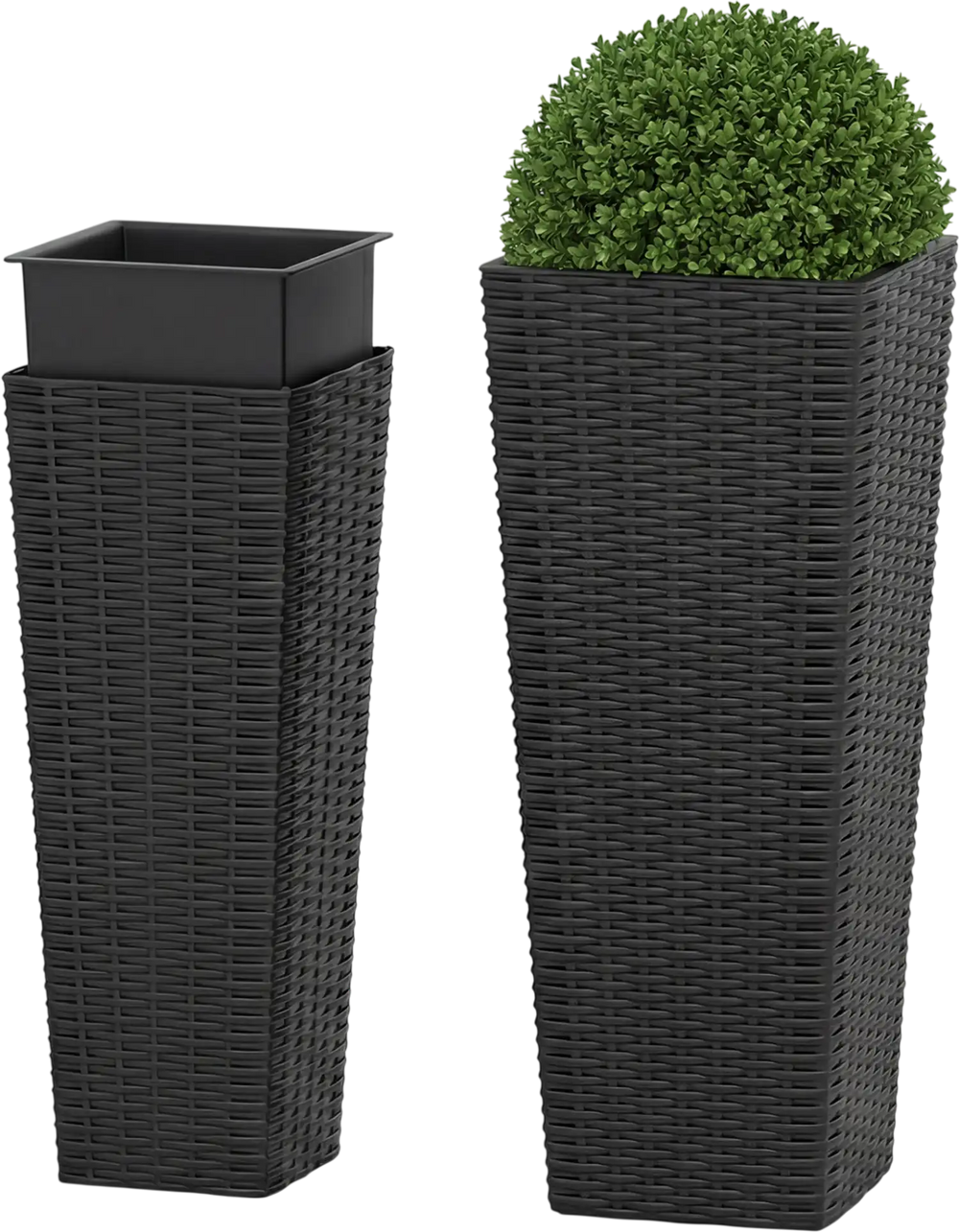 Tall and short black rattan planters with removable trays, perfect for outdoor patios and gardens.