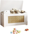 Kids rattan toy storage box with flip top lid, safety hinge, and cut-out handles, perfect for organizing toys in a.