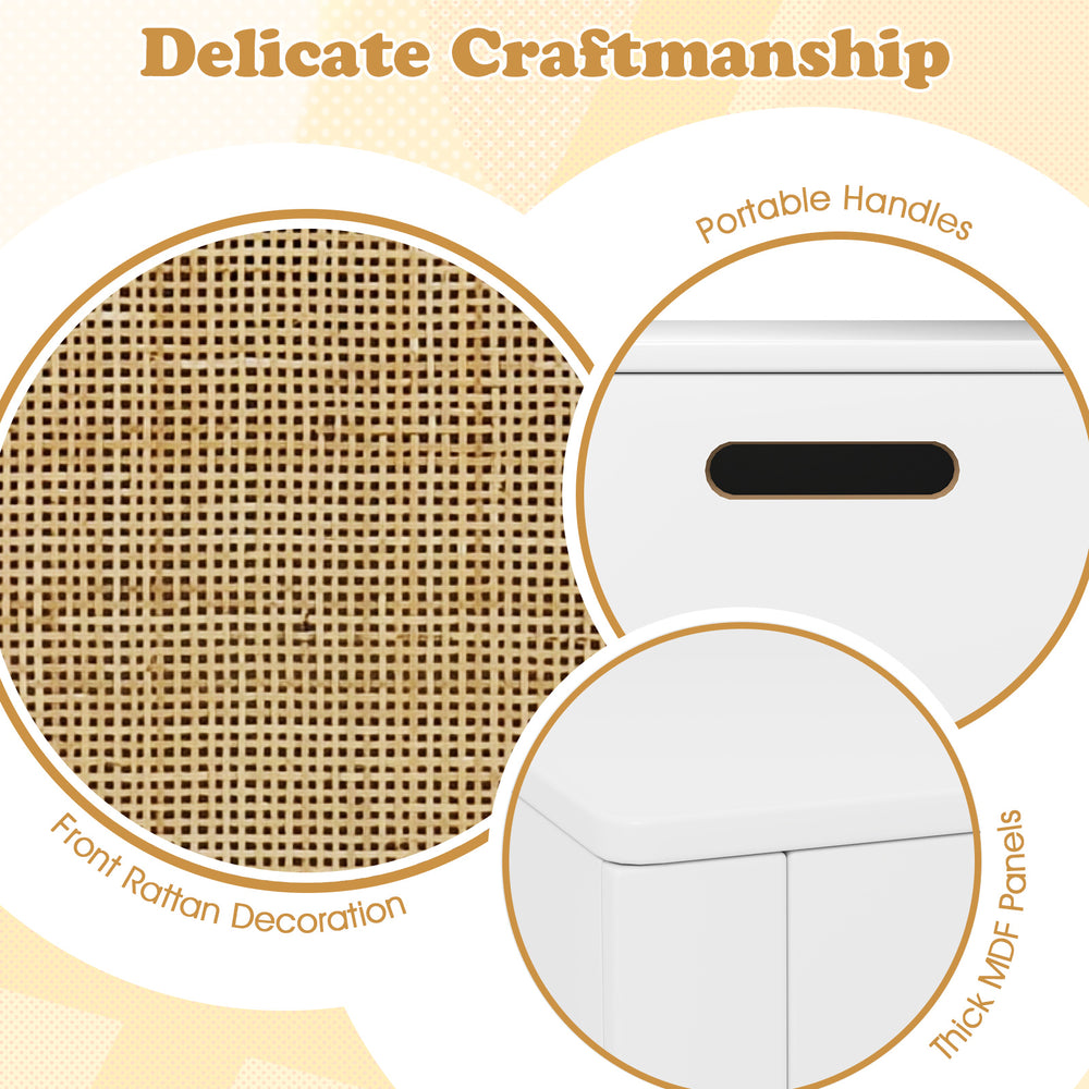 Kids rattan toy storage box with flip top lid, safety hinge, and portable handles for easy organization in children's.