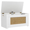 Kids rattan toy storage box with flip top lid, safety hinge, and cut-out handles for easy access and organization.
