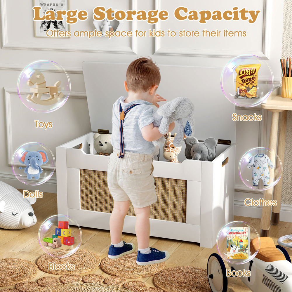 Kids rattan toy storage box with flip top lid, safety hinge, and ample space for organizing toys and clothes in white.