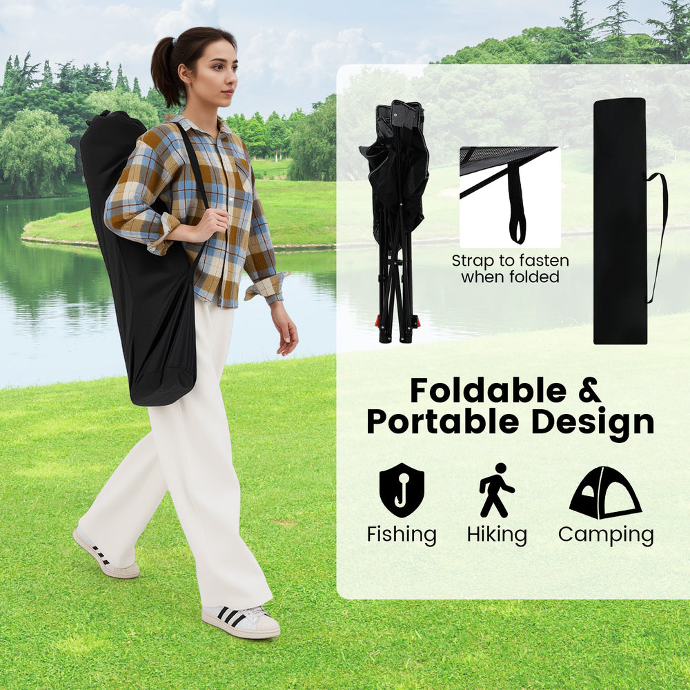 Reclining camping chair with removable footrest, adjustable backrest, and portable design for hiking, fishing, and.