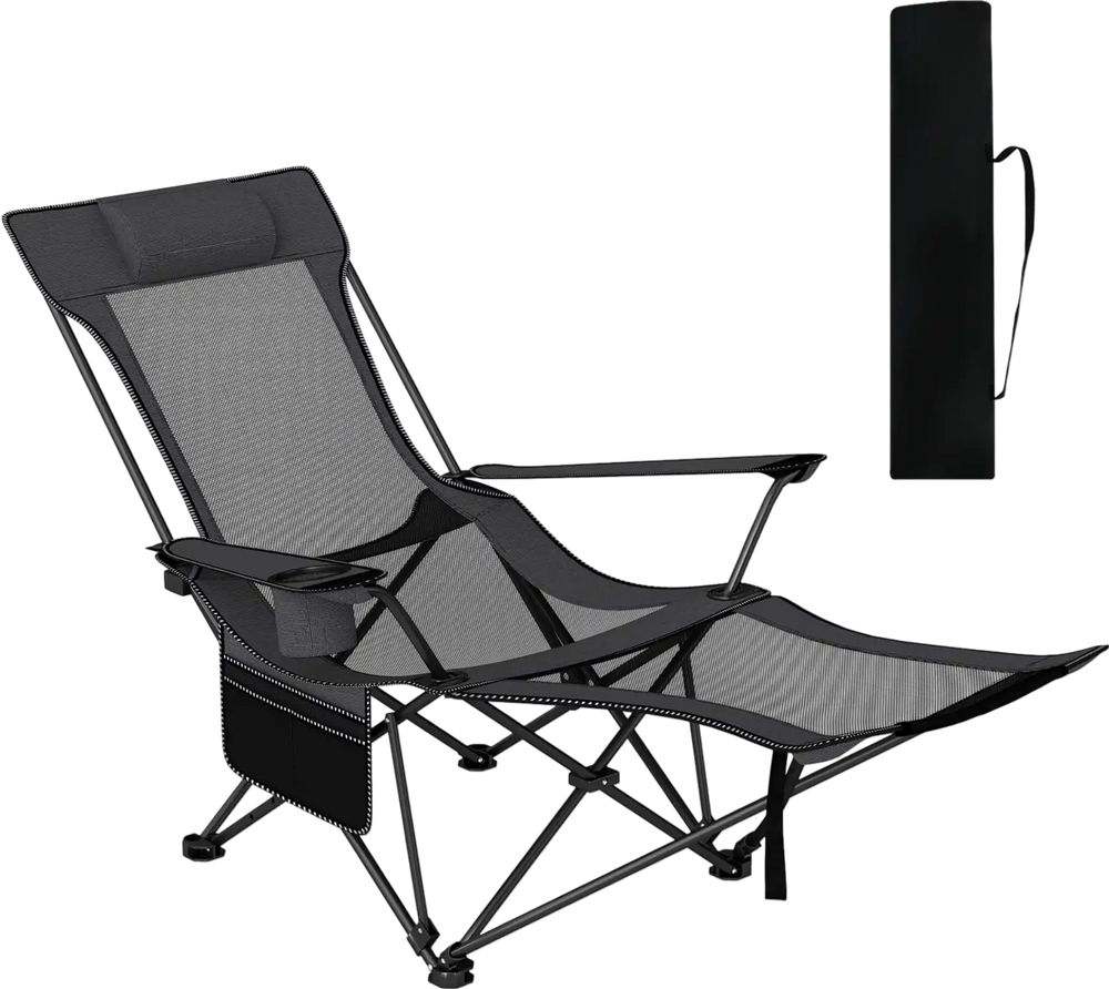 Reclining camping chair in gray with a thick padded headrest and cup holder, designed for ultimate outdoor relaxation.