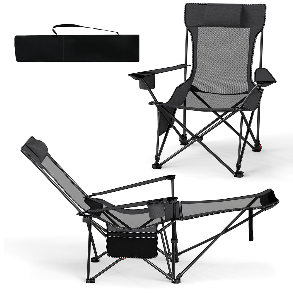 Gray reclining camping chair featuring a sturdy metal frame and side storage pocket, ideal for camping and outdoor.