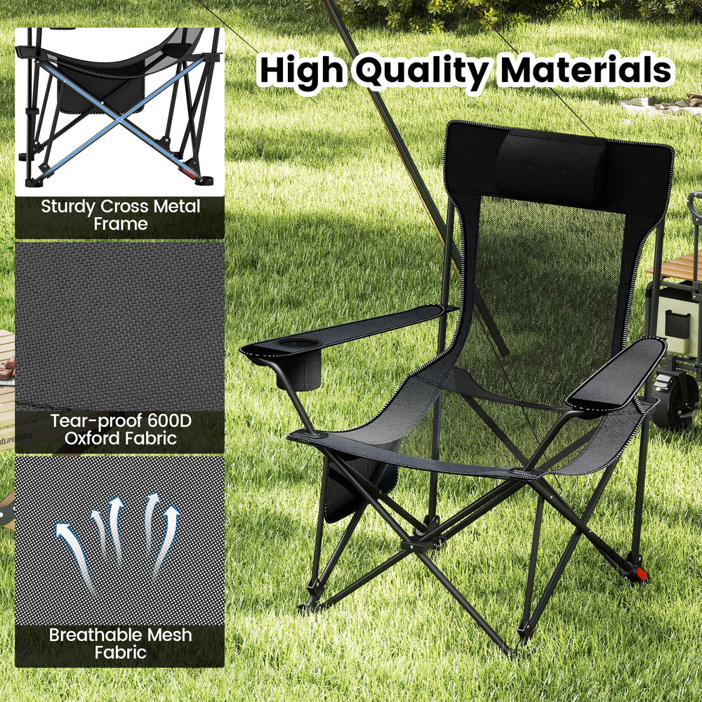 Reclining camping chair in gray with removable footrest, adjustable backrest, and breathable mesh fabric for comfort.