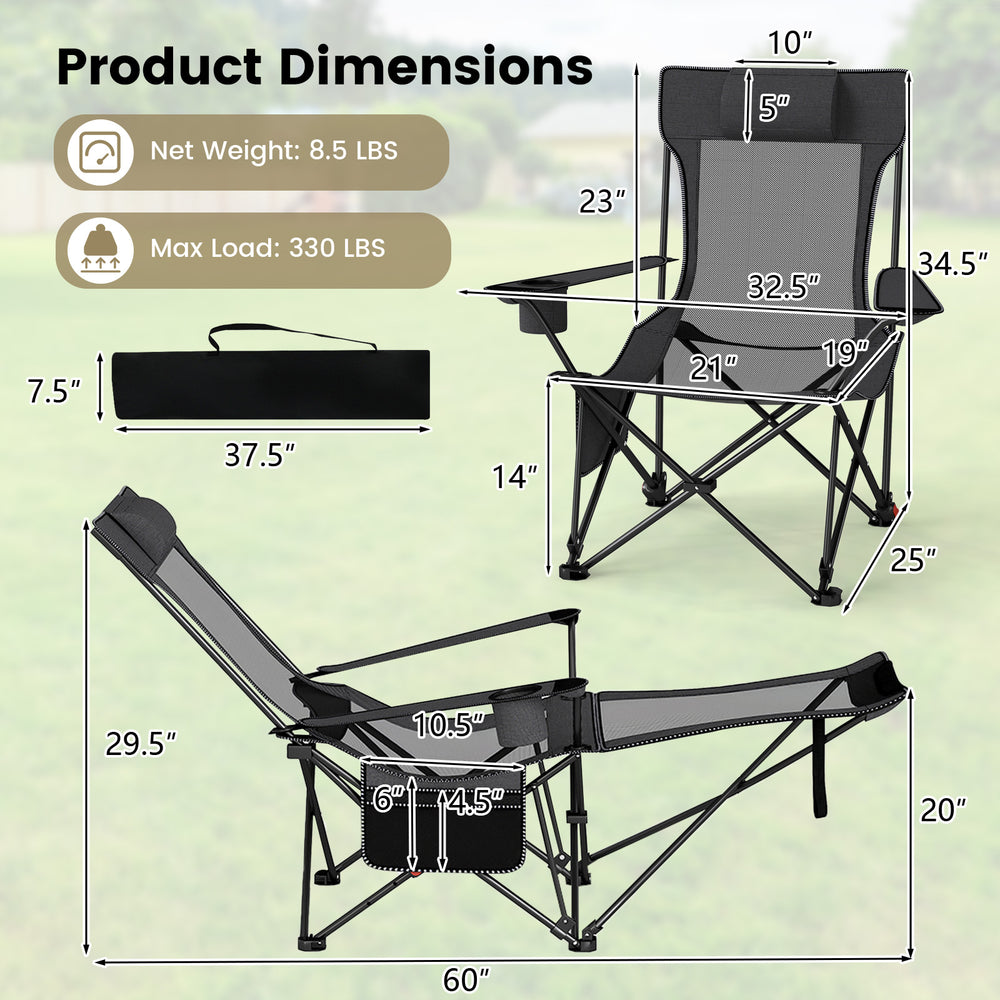 Reclining camping chair with removable footrest, adjustable backrest, and side storage pocket for outdoor comfort.