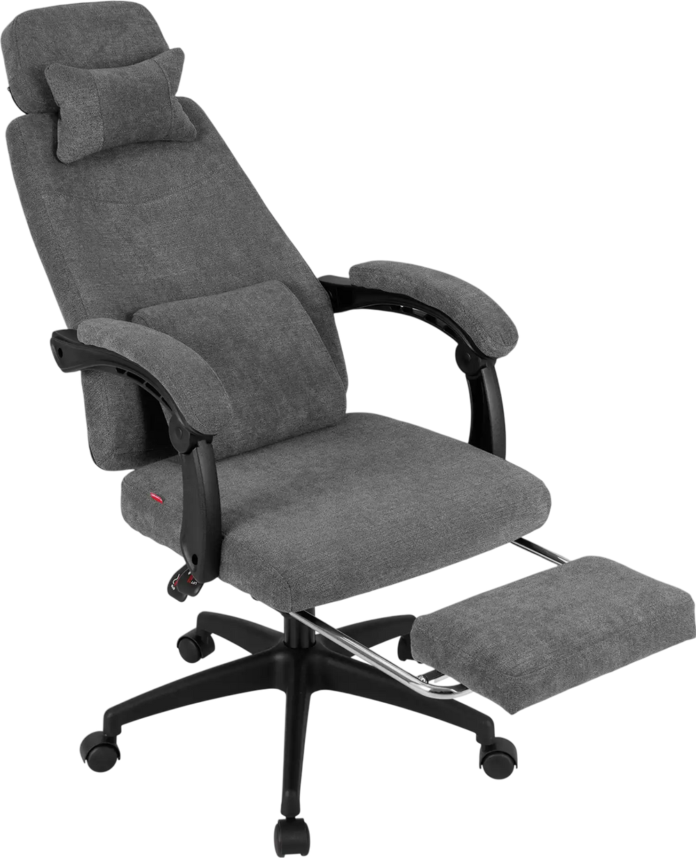Reclining office chair in gray chenille fabric with adjustable headrest and retractable footrest for ergonomic support.