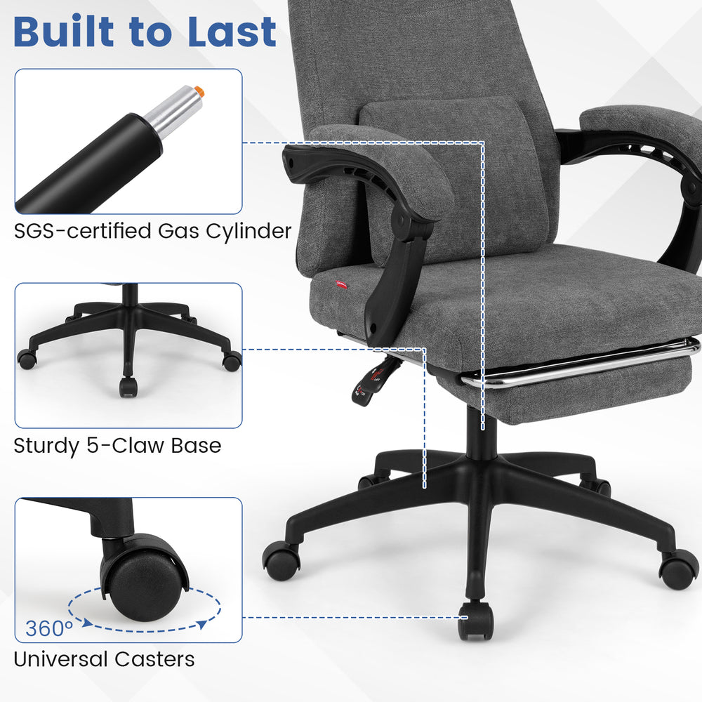 Close-up of the reclining office chair's sturdy 5-claw base and universal casters, featuring gray chenille fabric.