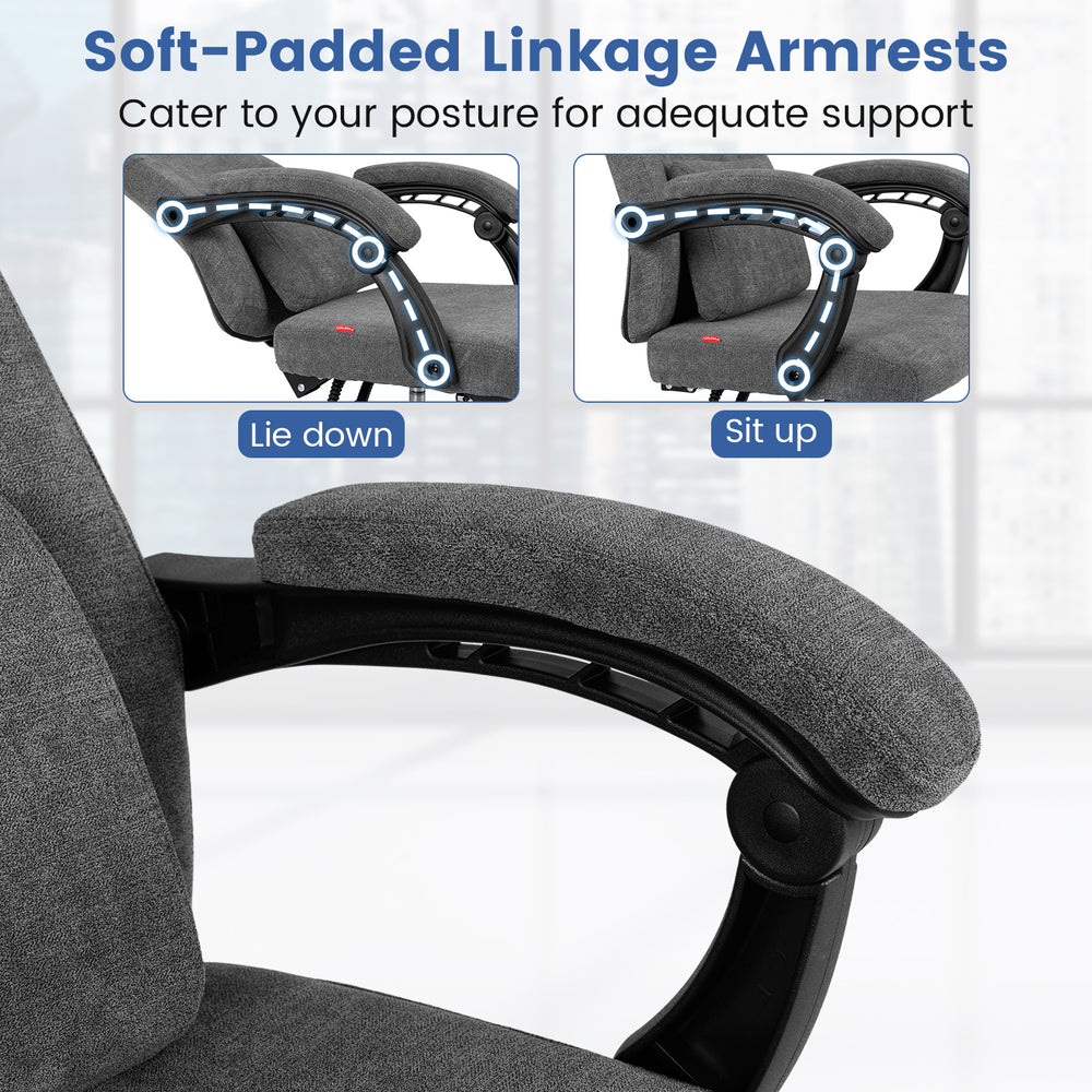 Soft-padded linkage armrests of the gray reclining office chair provide ergonomic support for various postures.