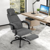 Side view of the gray reclining office chair in soft chenille fabric, featuring a retractable footrest for enhanced.