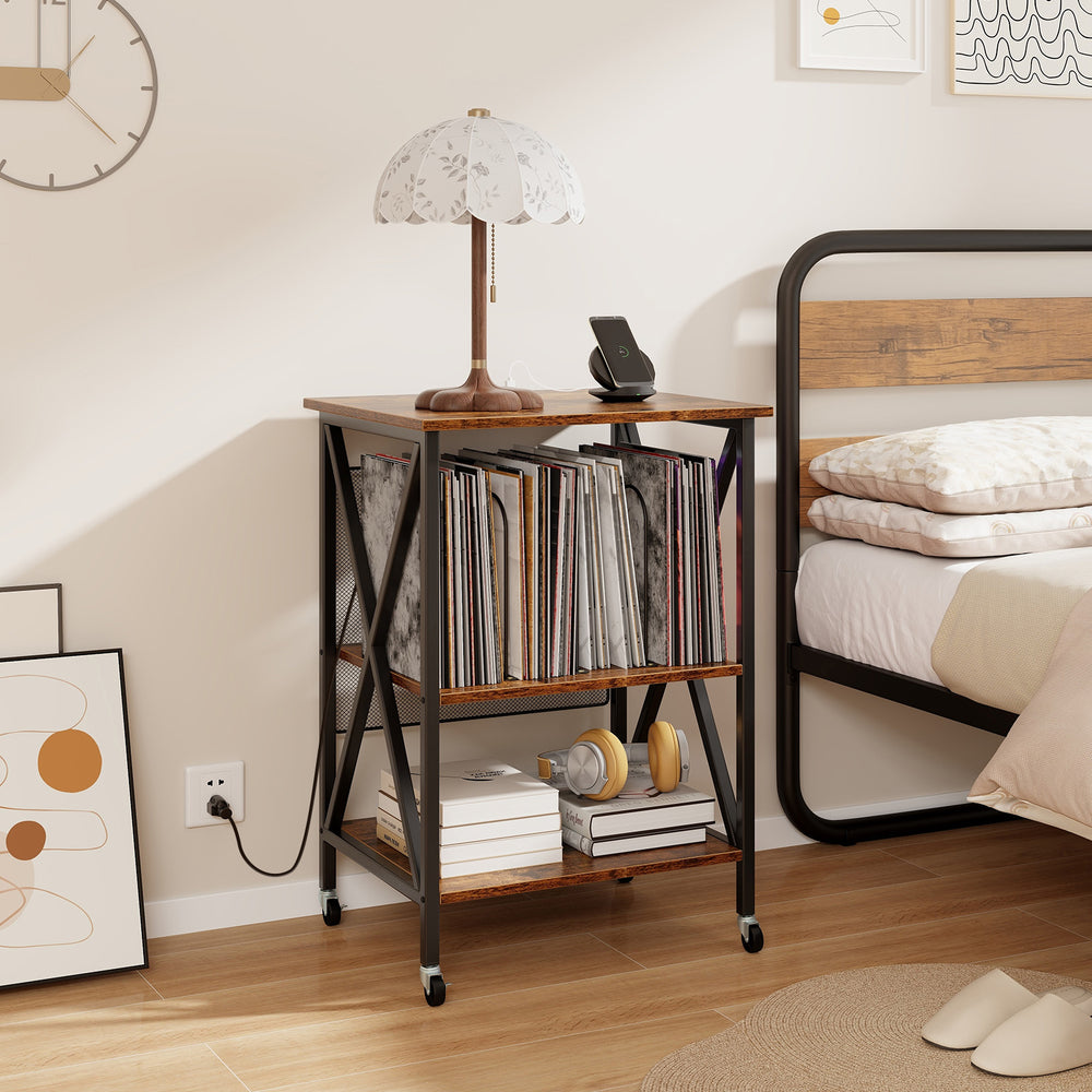 Mid-Century Record Player Stand with Built-in Charging Station-Rustic Brown - Gallery View 1 of 11