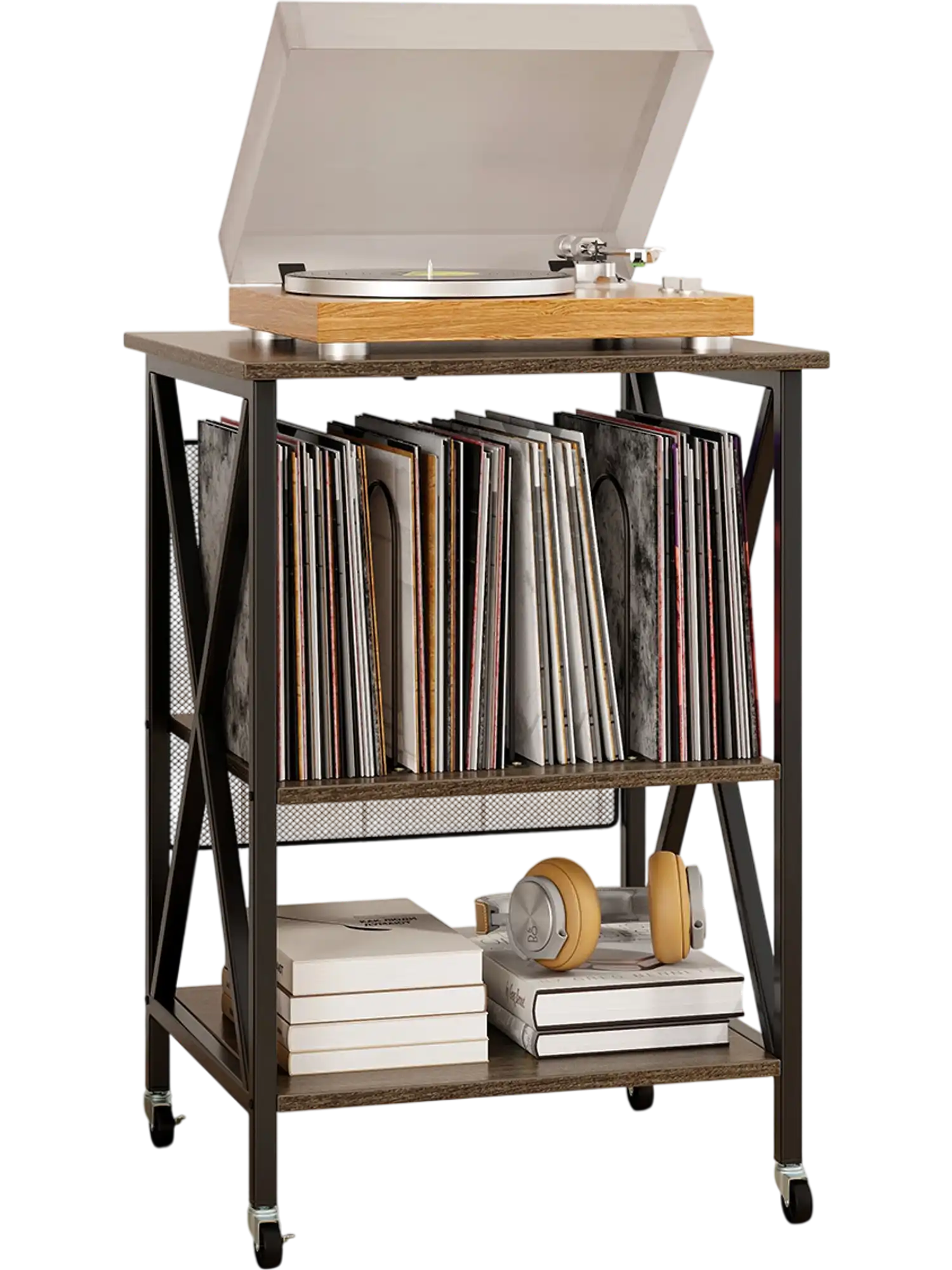 Costway Mid-Century Record Player Stand Charging Station Gray 13749265 New