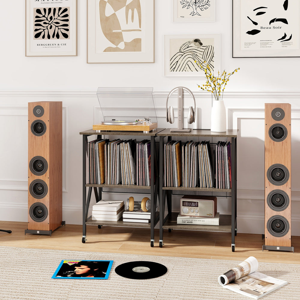 Mid-century record player stand in gray with built-in charging station, featuring spacious storage for vinyl records.