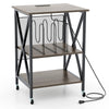 Mid-century record player stand in gray with built-in charging station, featuring spacious shelves and sturdy metal.