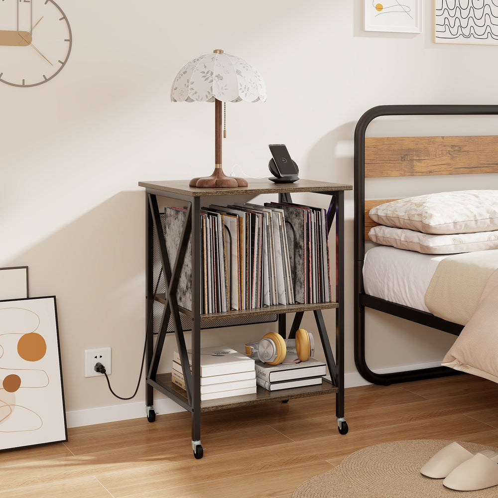 Mid-century record player stand in gray with built-in charging station, featuring spacious storage and sturdy metal.